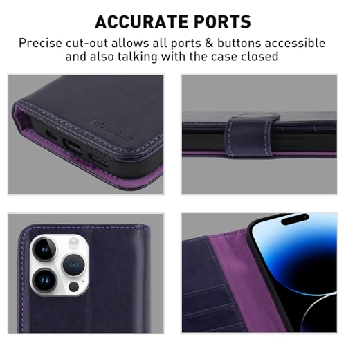 Image of MONASAY Vegan Leather Fit for iPhone 14-Pro 5G Wallet Case, 6.1-inch, [Glass Screen Protector Included] [RFID Blocking] Flip Folio Phone Cover with Credit Card Holder,Purple