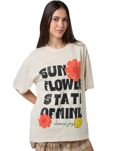 Image of Bewakoof Women's Being Cute is My Super Power Graphic Print 100% Cotton T-Shirt- Oversized Fit, Round Neck, Half Sleeve