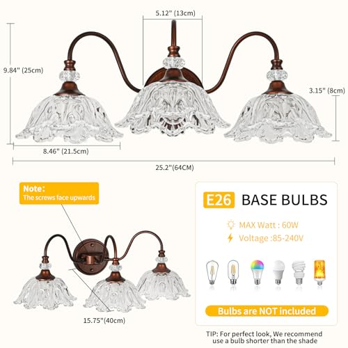 Image of Antique Red Bronze Finish Bathroom Vanity Light, 3-Light Vintage Vanity Light with Floral Clear Glass Shades, Retro Wall Mount Lighting for Bathroom, Dressing Table