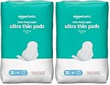 Amazon Basics Ultra Thin Pads with Flexi-Wings for Periods, Extra Long Length, Super Absorbency, Unscented, Size 3, 28 Count, 2 Pack (Previously Solimo)