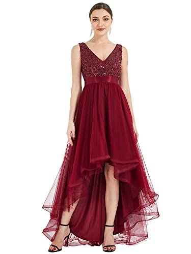 Ever-Pretty Robe pour Mariage Invité Femme Longue Paillettes Tulle Col V Asymétrique A Line Brillante Bordeaux 44