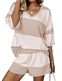 Ekouaer Two Piece Sets for Women Summer Lounge Sets 2026 Striped Shirts and Shorts Set Oversized Matching Outfit Beige White Combo M