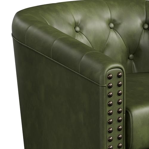 Image of Swivel Barrel Accent Chairs Set of 2,Round Nailhead Faux Leather Living Room Arm Chairs,Modern Upholstered Comfty Reading Chairs for Bedroom,Small Club Armchair,Sofa Side Chairs,Olive Green