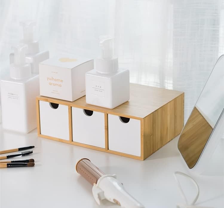 Bamboo Wood Desktop Storage Box with Double Drawers for Office and Dormitory Use/White/Three Drawers