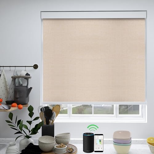 ZSHINE Motorized Blackout Roller Blinds Customize Width Remote Control Wireless and Rechargeable Roller Shades for, Home, Office, Hotel, Restaurant and Cinema(Victoria Series Cloth Texture)