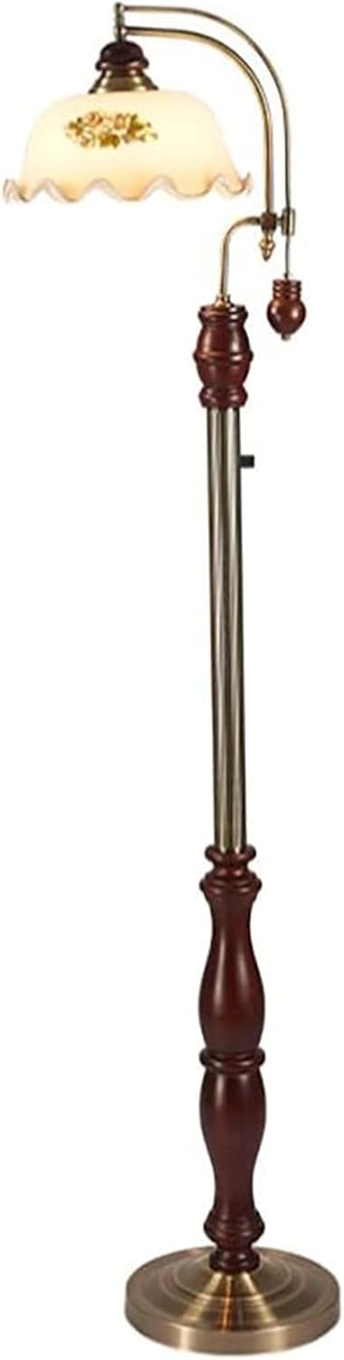 Lampa Podłogowa Do Salonu Europejska Lampa Podłogowa Z Drewna, 3-kolorowa Regulowana Lampa Stojąca Z Możliwością Przyciemniania Z Ręcznie Malowanym Szklanym Kloszem Ogrodowym