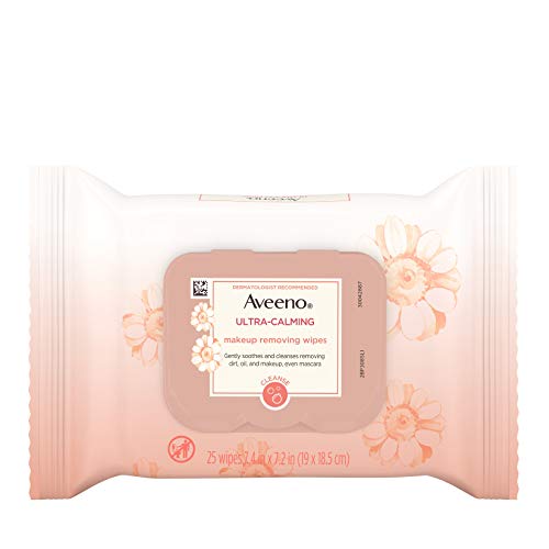Aveeno Ultra-Calming Makeup Removing Facial Cleansing Wipes with Feverfew Extract, Oil-Free Soothing Face Wipes for Sensitive Skin, Gentle & Non-Comedogenic, 25 Count
