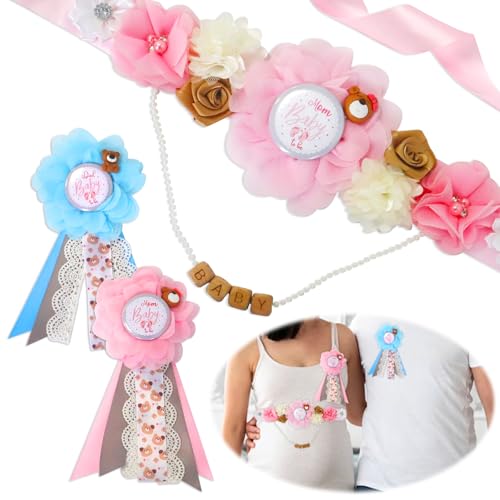 On-Airstore Mom to be Sash for Baby Shower Party Favors Decorations Pink Blue Flower Maternity Sash Baby Shower Dress for Mommy and Daddy to be Pregnancy Photo Props Supplies Gender Reveal Decorations