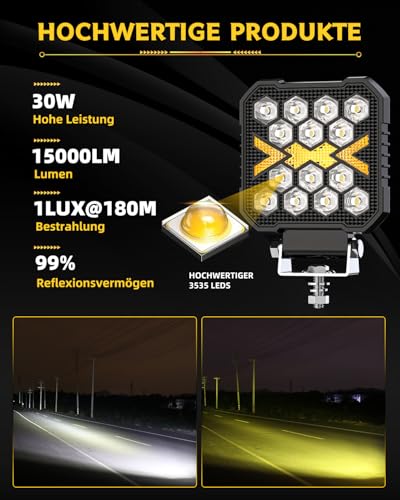 CO LIGHT 4 Zoll Quadratische LED Arbeitsscheinwerfer 2 stück 15000LM 12V 24V Arbeitsscheinwerfer IP68 Rückfahrscheinwerfer LED für Baufahrzeuge, Geländewagen, LKW, UTV und ATV