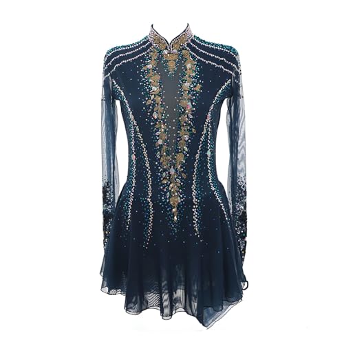 Girls' Customizable Figure Skating Dress, Breathable Mesh Stretch Fabric Stage Skating Outfits for Competition(X-Small) Blue