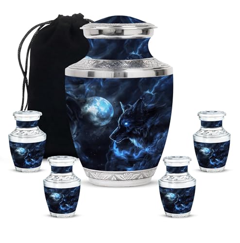 KARYLIZ Wolf Urns for Human Ashes Adult Male - Black Funeral for Human Ashes Adult Female - Cremation Urn for Brother & Sister Set of 1 Large & 4 Keepsake (10 & 3 Inch)
