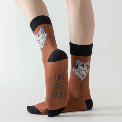 Image of 5 Pairs Cute Animal Crew Socks Fun Casual Cotton Calf Socks for Women (US, Alpha, One Size, Regular, Regular, Wolf)