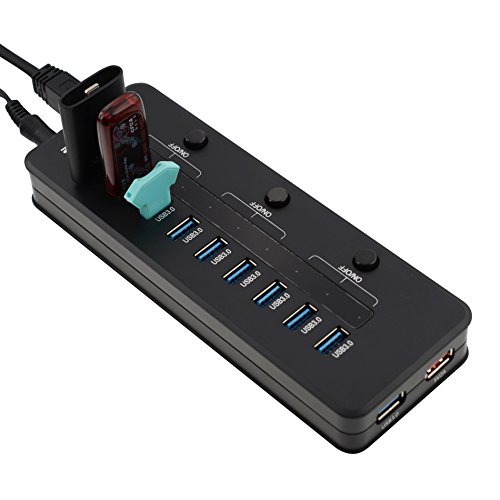 ZeroLemon High Speed 10 Port USB 3.0 HUB + 5V 2.1A Smart Charging Port with 3 Power Switches LED Indicators and 12V 4A Power Adapter [VIA VL812 Chipset]