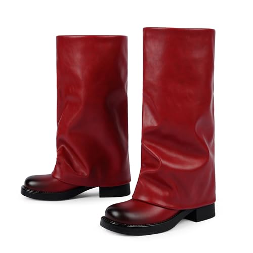 Image of Knee High Boots Women Fold Over Boots Chunky Heel Pointed Toe Tall Boots | Fashion Slouchy Boots,Side Zipper Shark Boots,Fall Spring Winter Fashion Dress Tall Boots,Evening Bridal office Long Boots