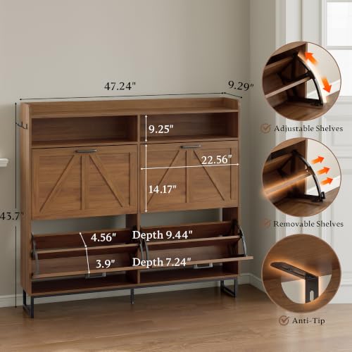 Image of BORNOON Shoe Cabinet with 4 Flip Drawers Narrow Shoe Storage Cabinet Organizer Wooden Freestanding Shoe Rack Hidden Slim Shoes Storage Cabinet for Entryway, Hallway, Living Room, Bedroom