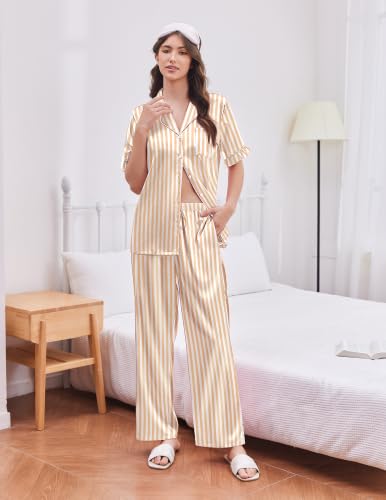 Image of Ekouaer Silk Satin Pajamas for Women Set 2 Piece Short Sleeve Button Up Pjs
