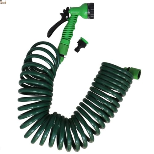 BricoLoco.com Manguera jardín 10 metros espiral extensible. Pistola riego multifunción 7 chorros. Adaptador conector grifo de 1/2” y 3/4”. Auto enrollable. Conexión rápida (Espiral 10 mts., 1)