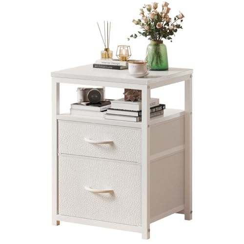 Nightstand Bedside Table with 2 Fabric Drawers and 1 Open Shelf Side Table for Living Room and Bedroom Bedside Nightstand with Wooden Top and Metal Frame (White 35 * 30 * 49CM)