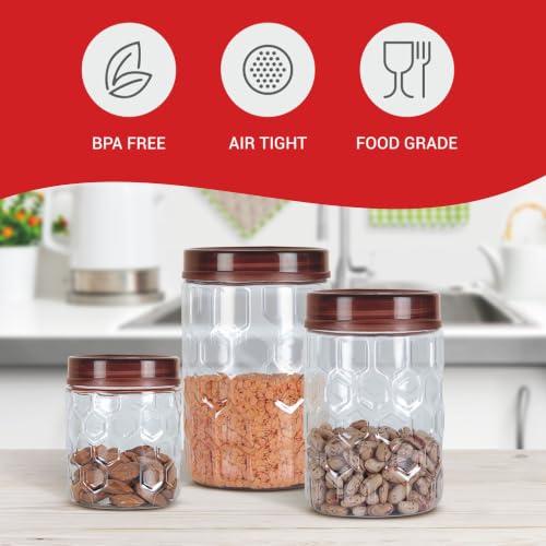 Image of MILTON Hexa Airtight Containers for Kitchen Storage Food Grade Plastic, Stackable & Transparent Organizer Jars, Set of 24(8 x 270ml,665ml,1.24L each) Tea,Coffee,Sugar,Dry Fruits, Grains, Pulses, Brown