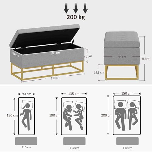 HOMCOM Baúl de Almacenaje para Dormitorio Puff de Almacenaje Tapizado de Lino Sintético con Tapa Abatible y Patas de Acero para Salón 110x44x48 cm Gris - imagen 3
