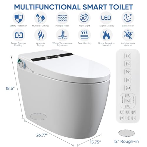 SPOWAY Smart Toilet, Elongated One Piece Bidet Toilet with Bidet Built In, Tankless Smart Bidet Toilet with Auto Open Close, Foot Sensor, Heated Seat, LED Display, Night Light, Dual Flush