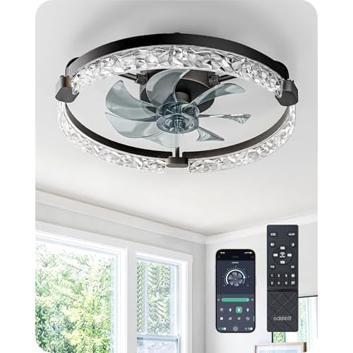 EDISHINE Ceiling Fans with Lights and Remote, 20'' Low Profile Ceiling Fan, 3000-6000K Dimmable, 6 Speeds LED Modern Flush Mount Fan Light, DC Motor, APP Control, Black Fandelier for Bedroom
