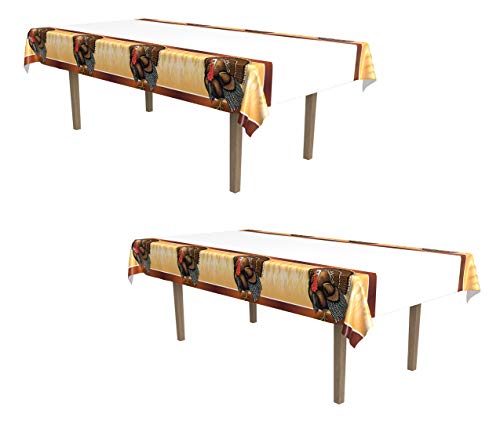 Image of Beistle Turkey Tablecovers, 54 inch x 108 inch, 2 Pieces - Plastic Table Cloth, Rectangular Tablecloth, Table Covers for Party, Thanksgiving Table Cloth, Thanksgiving Decorations, Turkey Decoration