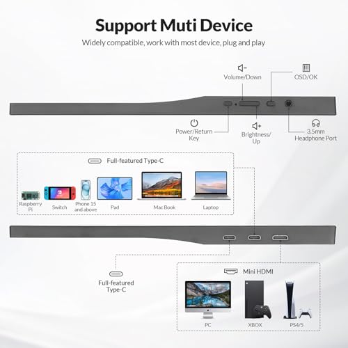 Image of LR Portable Monitor, 16 inch 1200P FHD IPS Display 16:10, 1500:1 Contrast, USB-C&Mini HDMI Travel Monitor with Built-in Stand, Second Screen for Laptop /PC /Mac /Phone /Switch /Xbox /PS4 /5, Vesa Mountable