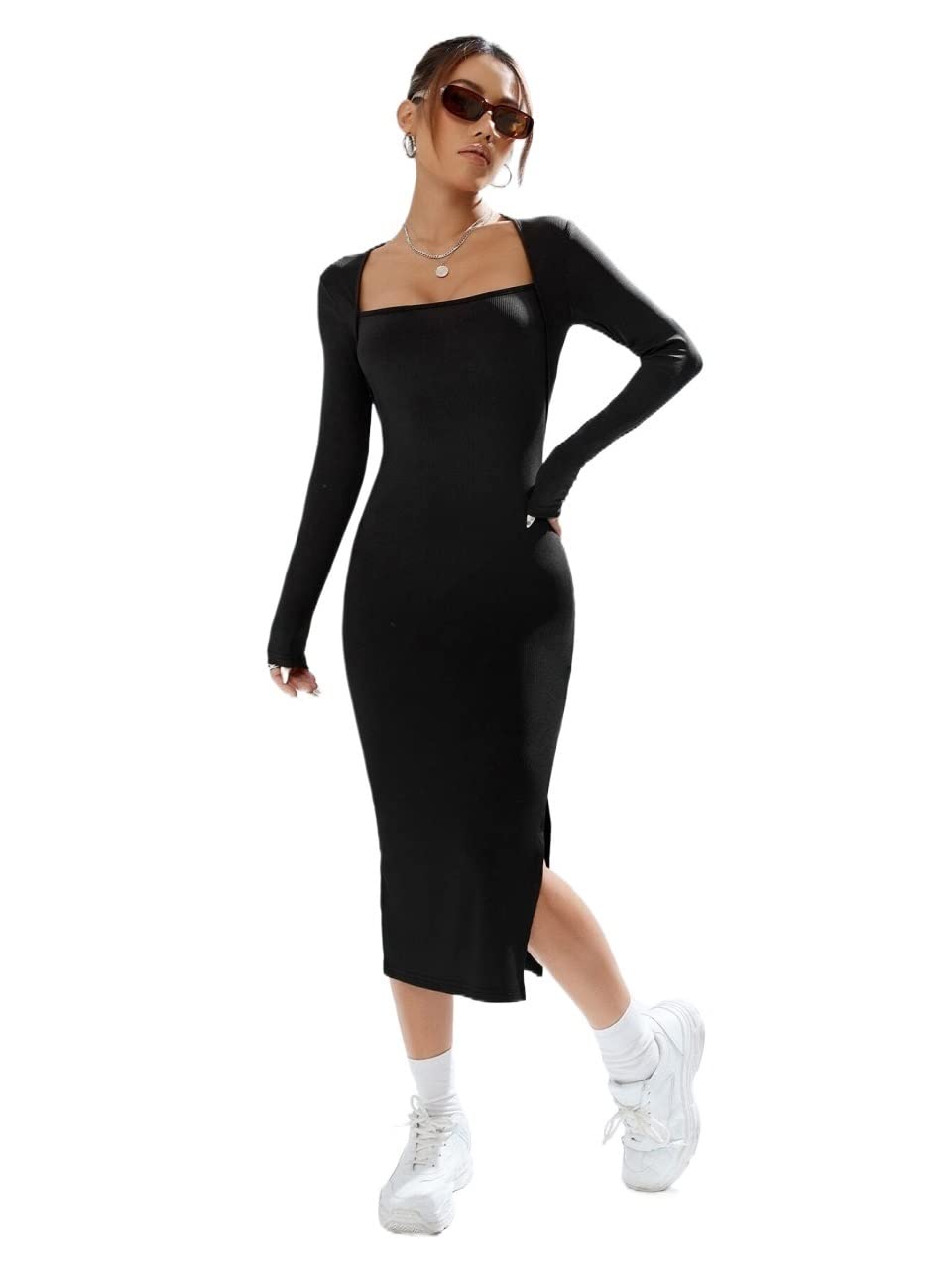 Amazon.com: Women's Dresses Square Neck Split Hem Bodycon Dress Dress for  Women (Color : Black, Size : Small) : Clothing, Shoes & Jewelry