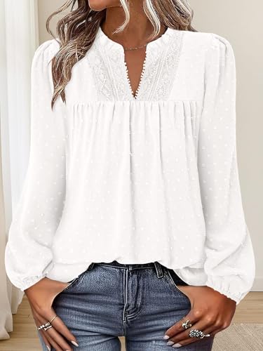BETTE BOUTIK Women Boho Long Sleeve Shirts Dressy Casual V Neck Fall Fashion Tops Swiss Dot Flowy Blouses