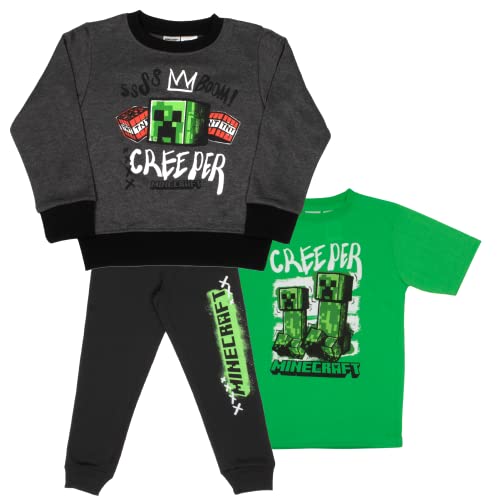 Image of Minecraft Boys 3 Piece Fleece Pants Sets, Crew Neck Sweatshirt, T-Shirt, and Pants 3-Pack Bundle Set for Boys