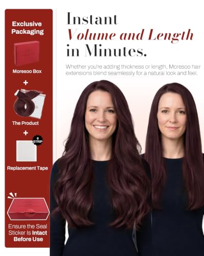 Image of Moresoo 40 Pcs Wine Red Tape in Hair Extensions Human Hair Invisible Tape in Extensions Burgundy Hair Extensions Real Human Hair Tape in Seamless Glue in Human Hair 18 Inch #99J 100g
