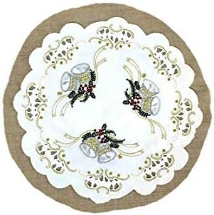 Christmas Table Runner Embroidered with Silver Bells on White Material, Size 60 x 15 inches