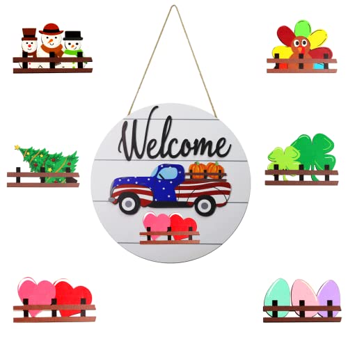 Holzornamente Hängeschild rund Holz austauschbar Haustürdekoration Willkommensschild für Veranda, Terrasse, Innen- und Außendekoration (weiß) Cover