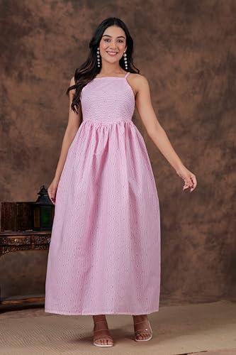 Image of Daevish Cotton Stripe Printed Flared Maxi Dress for Women | Women Flared Dress