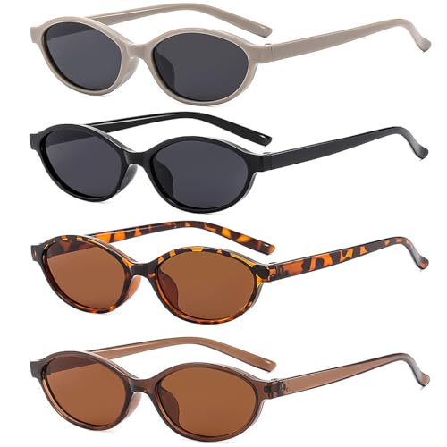 Dryxog 4 Pièces Lunettes Soleil Ovales Rétro Femmes Vintange Narrow Skinny Trendy Femmes Mode Cateye Sunglasses Petites Soleil Ovales Lunettes Rétro Hippie...