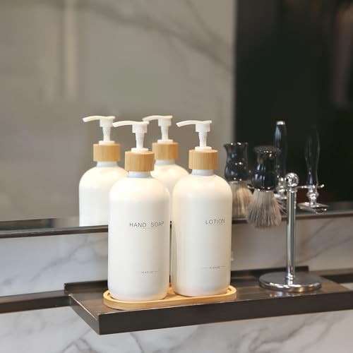 Image of Bathroom Soap Dispenser Set, Bamboo Pumps & Tray, Lotion Dispenser, and Hand Soap Dispenser Bathroom Counter Decor. (White)