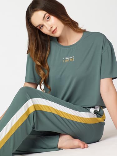 Image of Night Suit for Womens Side Stripe Modal Night Dress of Top and Pajama Set 9374