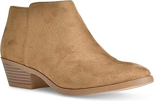 Soda Women's Mug Round Toe Faux Suede Stacked Heel Western Ankle Bootie 6 Natural