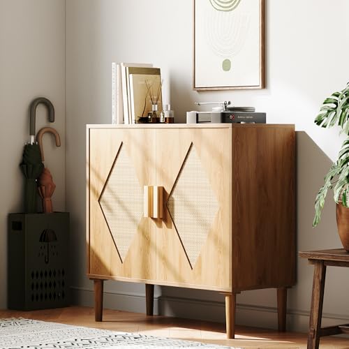 Cómoda de madera estilo bohemio artesanal con detalles de ratán 3