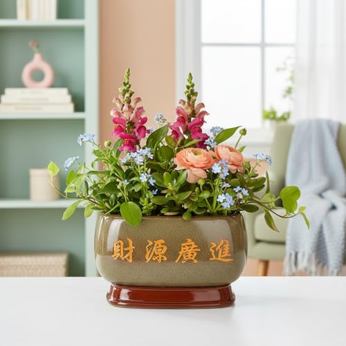 Image of Xtore Prosperous Oriental Ceramic Planter with Decorative Stand | Artistic Tabletop Flower Pot for Bonsai, Succulents, Indoor Plants & Elegant Home Decor (Brown, Planter only)