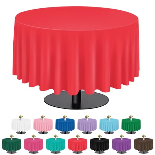 Image of tujol Red 6 Pack Plastic Table Cloth 84 inch, Disposable Round Tablecloth Table Cover, Plastic Tablecloths for Parties