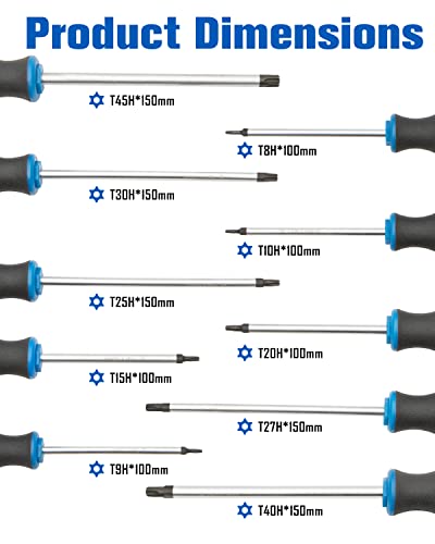 Rotation Torx Screwdrivers Set 10-Piece, Professional Cushion Grip, High Torque, Magnetic Black Tip with Center Hole