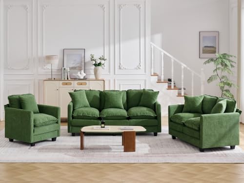 Image of Cloud 3 Pieces Sofa Set, 1+2+3 Seater Couch, Modern Sofas Sets with Deep Seat, Modular Sectional Couches Sets for Living Room, Bedroom, Small Apartment, Dark Green