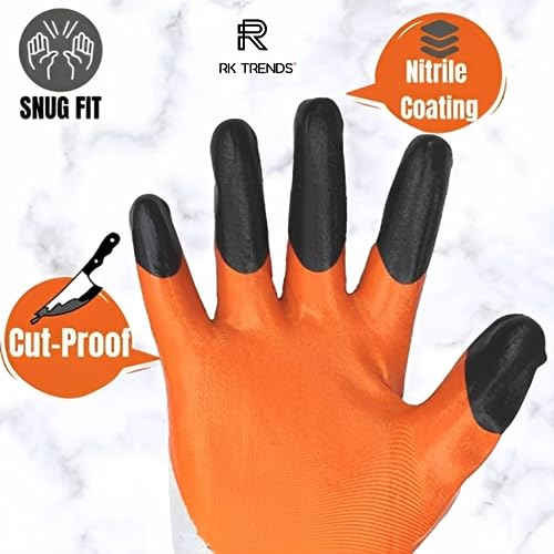 Image of Nitrile Coated Safety Gloves, Heavy Duty, Multipurpose (Pack of 60 Pairs, Orange - Black)