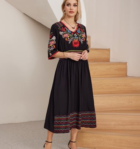 Hgustar Mexican Embroidered Dress for Women Boho Traditional Fiesta Summer Peasant Bohemian Floral Midi Cocktail Dresses4