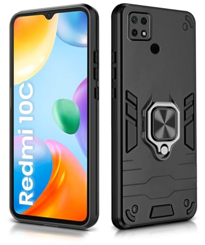 Image of WOW IMAGINE Shock Proof Back Case Mobile Cover for Mi Redmi 10C | Back Cover Case (Tough Armor | Hybrid PC + TPU | Ring Holder & in-Built Kickstand | Black)