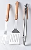 3Pack Barbecue Tool Sets,HONSHEN Heavy Duty Stainless Steel Lifting Ring and Wooden Handles BBQ Tool Sets,Grill Accessories,Grilling Spatula,Fork,Tongs for Outdoor Grill Cooking (BBQ Tools Set-LR-3P)
