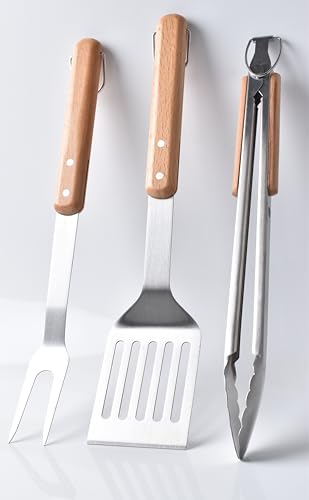 3Pack Barbecue Tool Sets,HONSHEN Heavy Duty Stainless Steel Lifting Ring and Wooden Handles BBQ Tool Sets,Grill Accessories,Grilling Spatula,Fork,Tongs for Outdoor Grill Cooking (BBQ Tools Set-LR-3P)