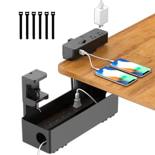 Cesta organizadora de cables bajo mesa para mantener un despacho limpio y ordenado